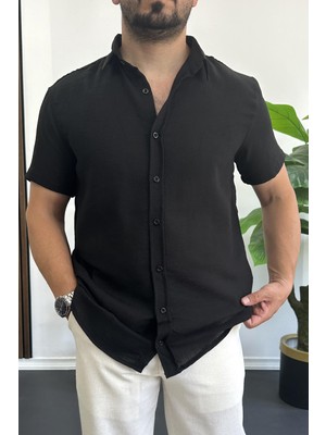 Edwox Erkek Kısa Kollu Keten Görünümlü Gömlek Siyah EDW389