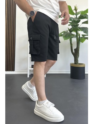 Erkek Beli Lastikli Cepli Şort Siyah EDW388