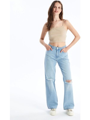 Lcw Jeans Indigo Wideleg Yırtık Detaylı Kadın Jean Pantolon
