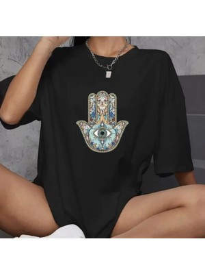 Giyimodam Unisex Bisiklet Yaka Baskılı Oversize T-Shirt - Siyah