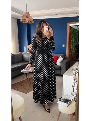 Giyimodam Kadın Krep Kumaş Uzun Kollu Tam Boy Puantiyeli Elbise 132 cm