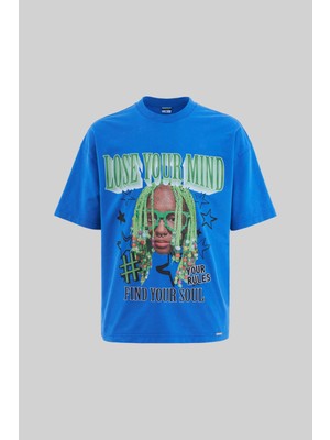 Machinist Erkek Graphic And Slogan Printed Yikamali Oversize Soft Mavi Tişört