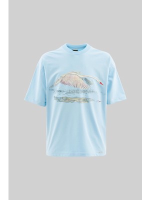 Machinist Erkek Swan Printed Oversize Light Mavi Tişört