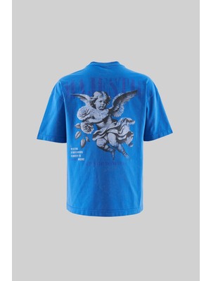 Erkek Oversize Majestic Baskılı Yıkamalı Açık Mavi Tişört