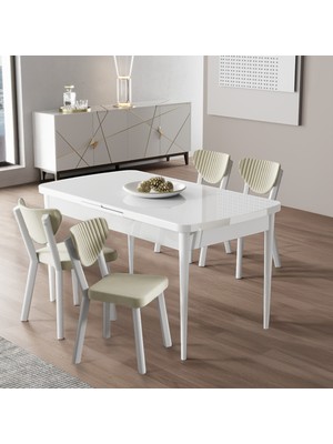 Canisa Exve Serisi 80X132 Açılabilir Beyaz Masa Takımı ve 4 Krem Sandalye
