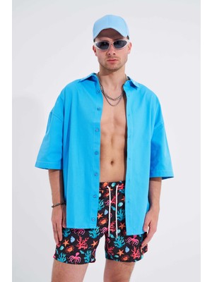 Erkek Octobus With Sea Shell Baskılı Siyah Siyah Deniz Şortu