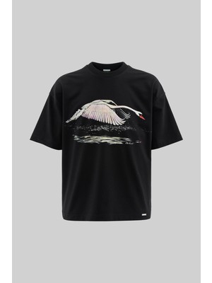 Machinist Erkek Swan Printed Oversize Siyah Tişört
