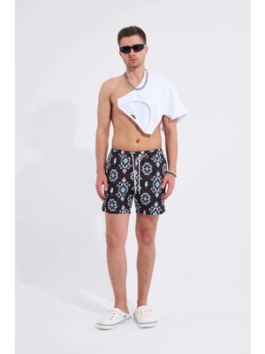 Erkek Geometric Ethnic Baskılı Siyah Deniz Şortu
