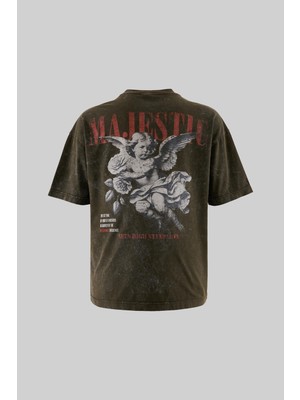 Erkek Oversize Majestic Baskılı Yıkamalı Haki Tişört