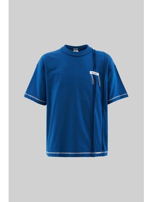 Machinist Erkek Stitch Detailed Split Oversize Indigo Tişört