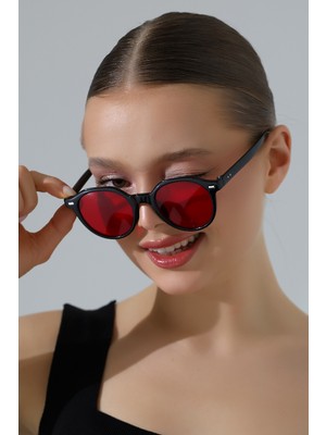 Kadın Aksesuarlı Oval Kırmızı Cam Güneş Gözlüğü 23007 C2 K