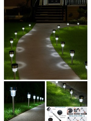 6 Adet Metal Gövdeli Beyaz Ledli Solar Güneş Enerjili Bahçe Lambası 30 cm Saplama