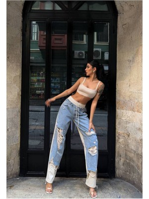 Kadın Tint Kot Rengi Lazer Detaylı Skater Jogger Fit Denim Jogger Kot Pantolon Baggy