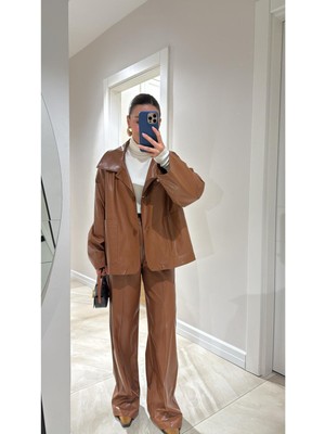 Gamze Alptekin Deri Ceket Patolon Takım Palazzo Pantolon Içi Yünlü (Şardonlu) Ceket Içi Astarlı