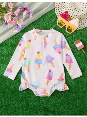RosabelleMare Kız Bebek Uzun Kollu Dondurma Desenli Mayo – Fermuarlı, Fırfır Detaylı Yazlık Bebek Mayosu
