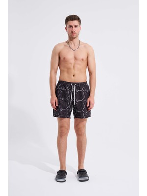 Erkek Striped Baskılı Siyah Beyaz Deniz Şortu