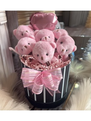 Sole Premium Silindir Hediye Kutusunda, Kalpli Balonlu 6’lı Pembe Ayıcık Buketi