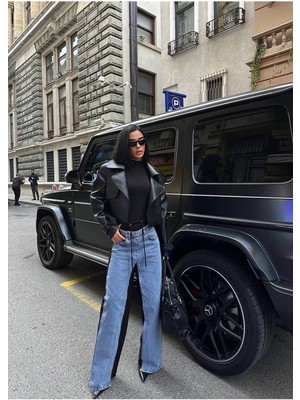 Gamze Alptekin Kadın Tint Haki Lazer Detaylı Skater Jogger Fit Denim Jogger Kot Pantolon Baggy Model