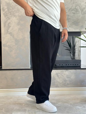 Erkek Rahat Kalıp Keten Pantolon Siyah ECA001