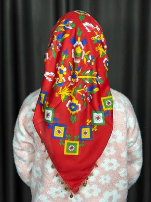 Sobe Hediyelik Kırmızı Pullu Tokat Yazması Çengelköy Deseni Eşarp - 100 x 100 cm Çeyizlik Yazma