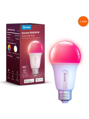Govee Wifi + Bluetooth 800 Lümen Uygulama Kontrollü Akıllı Ayarlanabilir Modlu LED Ampul ( 3 Adet )