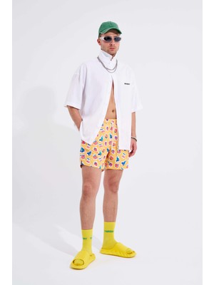 Erkek Cute Fruits Baskılı Sarı Deniz Şortu