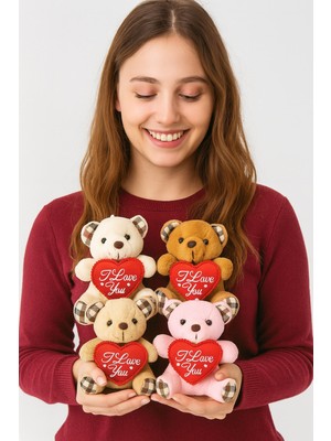 Biton Toptan 4 Adet Sevimli Mini Peluş Ayıcık - Kalpli 'ı Love You' Mesajlı 11X9 cm