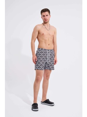 Erkek Abstract Lines Baskılı Siyah Beyaz Deniz Şortu