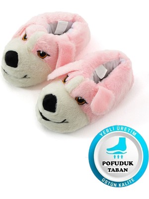Albishoes Kadın Tüylü Köpek Desenli Kaymaz Yumuşak Taban Pofuduk Peluş Kışlık Ev Botu Rahat Panduf