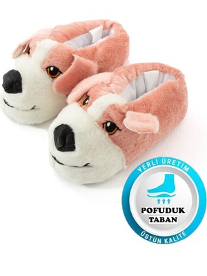 Albishoes Kadın Tüylü Köpek Desenli Kaymaz Yumuşak Taban Pofuduk Peluş Kışlık Ev Botu Rahat Panduf