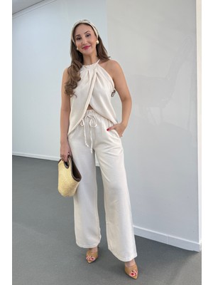 Lenora Keten Kruvaze Halter Yaka Bluz ve Pantolon Takım