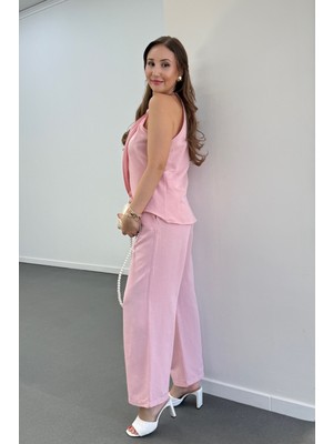 Lenora Keten Kruvaze Halter Yaka Bluz ve Pantolon Takım