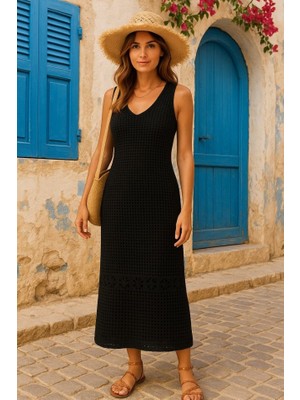 Kadın V Yaka Tam Askılı Tam Boy Ajurlu Triko Elbise