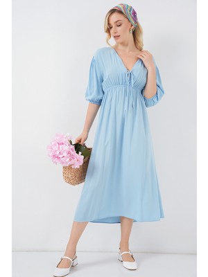 2570 Kadın Beli Büzgülü V Yaka Elbise - Mavi