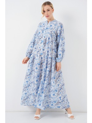 Kadın Desenli Tesettür Elbise 2583 - Mavi