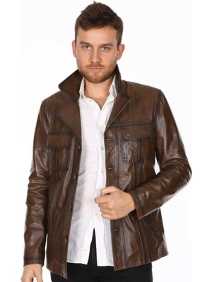 Hakiki Deri Kahverengi Erkek Deri Mont Dikiş Detaylı Deri Ceket