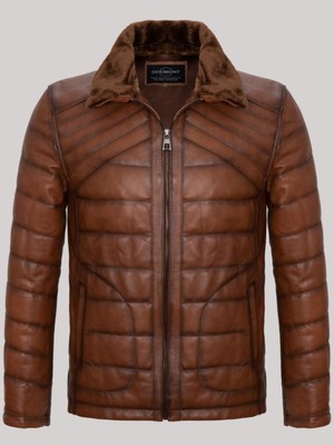 Hakiki Deri Kahverengi Erkek Deri Mont Düz Çizgi Desenli Yan Cepli Şişme Deri Ceket