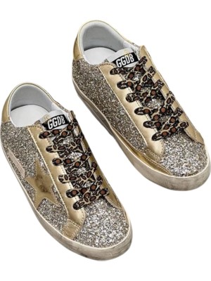 Women's Super-Star Golden Goose Glitter Sneaker - Gold Glitter Leopard Laces-Kadın Ayakkabı Sneakers