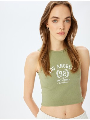 Slogan Baskılı Bisiklet Yaka Kolsuz Crop Fitilli Atlet