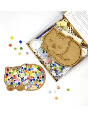 Uyayan Kedi Mozaik Sanat Seti- Ahşap Figürlü Sanatsal Mozaik Çocuk Etkinlik Seti-Kendin Yap Seti