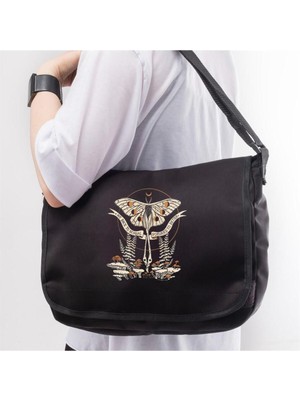 Woodhub Unisex Siyah Çanta, Kelebek ve Mantar Desenli, Tekstil Materyal, Şık Görünüm