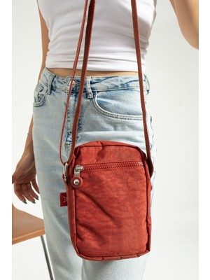 Turuncu Krinkıl Kumaş Unisex Küçük Omuz Çantası, Telefonluk