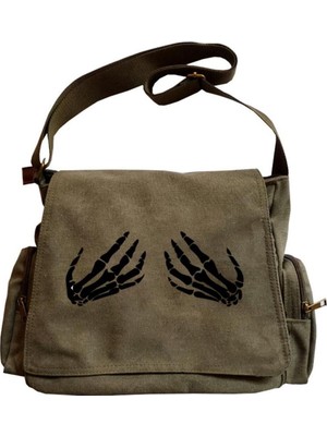 Yeşil Unisex Postacı Çantası, Skeleton Hands Baskılı, Şık ve Hafif Tasarım