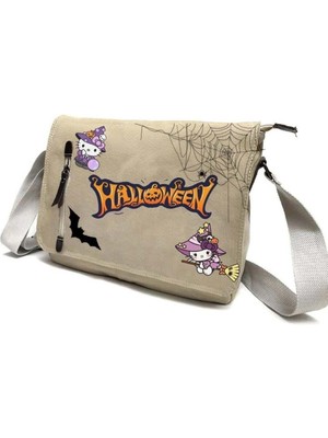 Sevimli Halloween Kedi Baskılı Unisex Bej Postacı Çantası