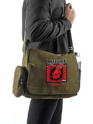 Woodhub Yeşil Unisex Metallica Baskılı Postacı Çantası Tekstil Materyal ile Şık ve Kullanışlı