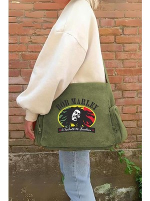 Unisex Yeşil Bob Marley Baskılı Postacı Çantası