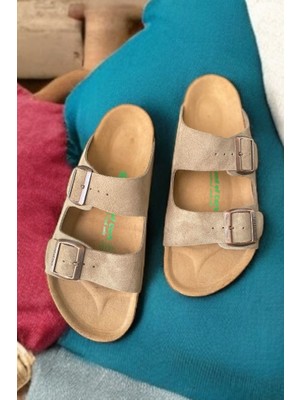 Land of Cork Anatomik Unisex Süet Deri Terlik Doğal Mantar Tabanla Konforlu Kullanım