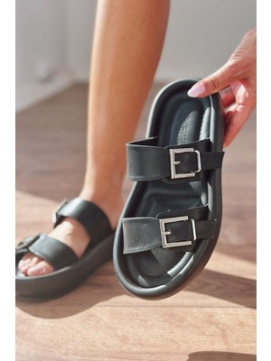 Tafens Mat Deri Toka Detaylı Kadın Terlik Siyah