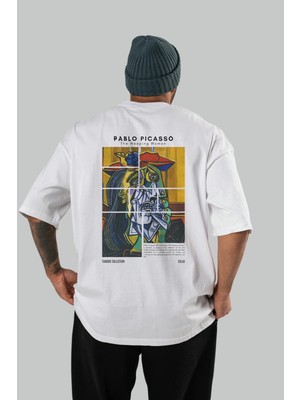 Pablo Picasso Arka Baskılı Oversize T-Shirt Erkek Kadın Bisiklet Yaka Pamuk Tişort