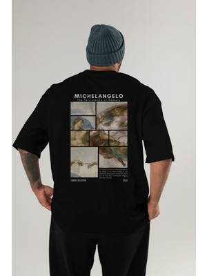 Ankhises Michelangelo Unisex Oversize T-Shirt Erkek Kadın Pamuk Kısa Kol Siyah Baskılı Tasarım